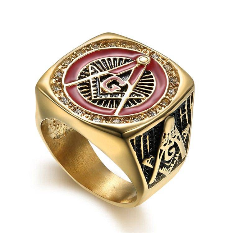 Master Mason Blue Lodge Ring - Golden Red Compass and Square G