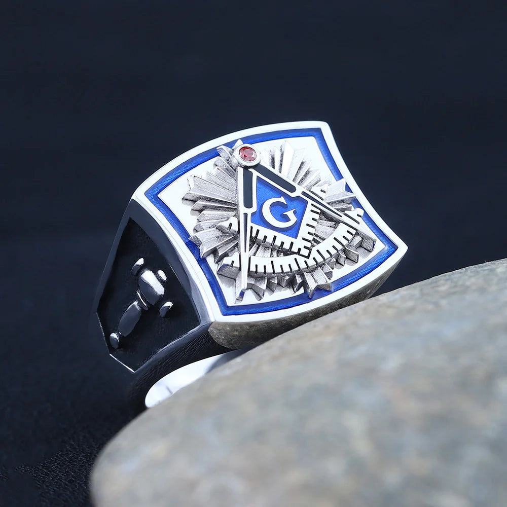 Past Master Blue Lodge Ring - Square & Compass Quadrant G Sterling Silver Ring