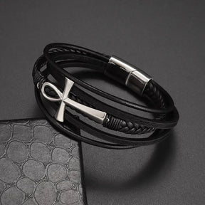 Ancient Egyptian Bracelet - Ankh Cross Braided Leather Bangles Magnetic Buckle - Bricks Masons