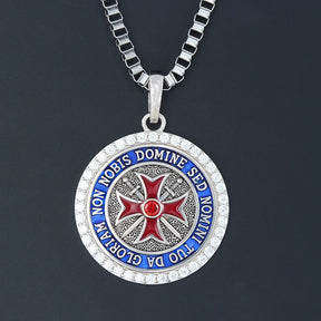 Knights Templar Pendant - Convexity Round Red Cross Frame Sword Sterling Silver - Bricks Masons