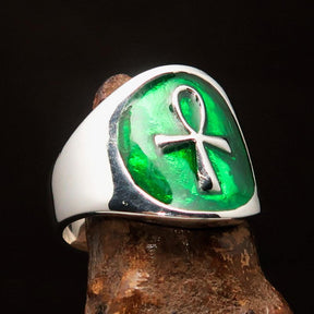 Ancient Egypt Ring - Green Sterling Silver Ankh - Bricks Masons