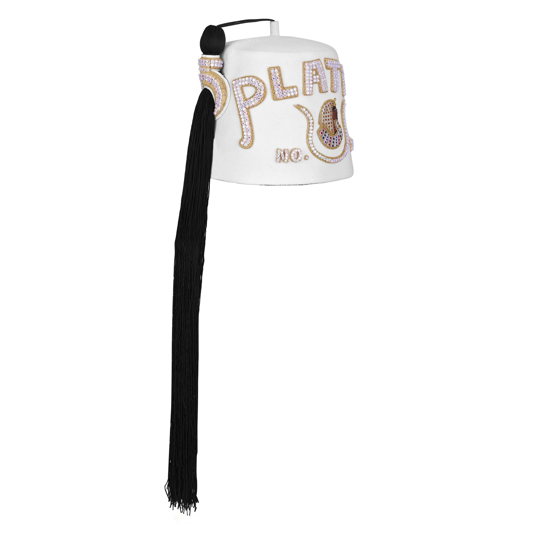 DOI Fez Hat - Pure White Wool With Rhinestones (2 Rows as pictured) - Bricks Masons