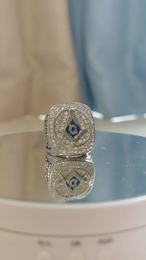 Master Mason Blue Lodge Ring - White Gold Plated Rhinestones With S&C G - Bricks Masons