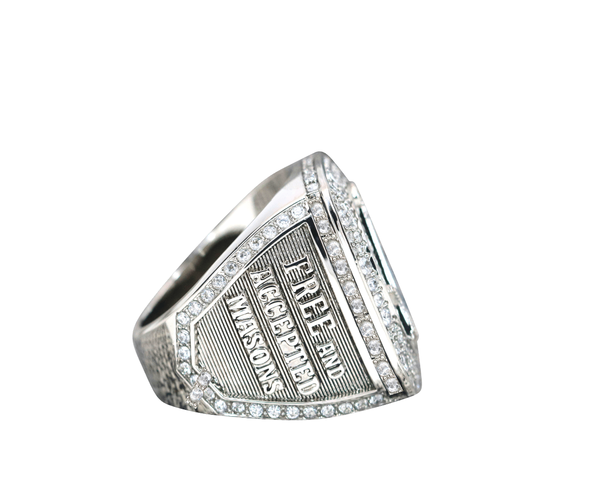 Master Mason Blue Lodge Ring - White Gold Plated With Rhinestones - Bricks Masons