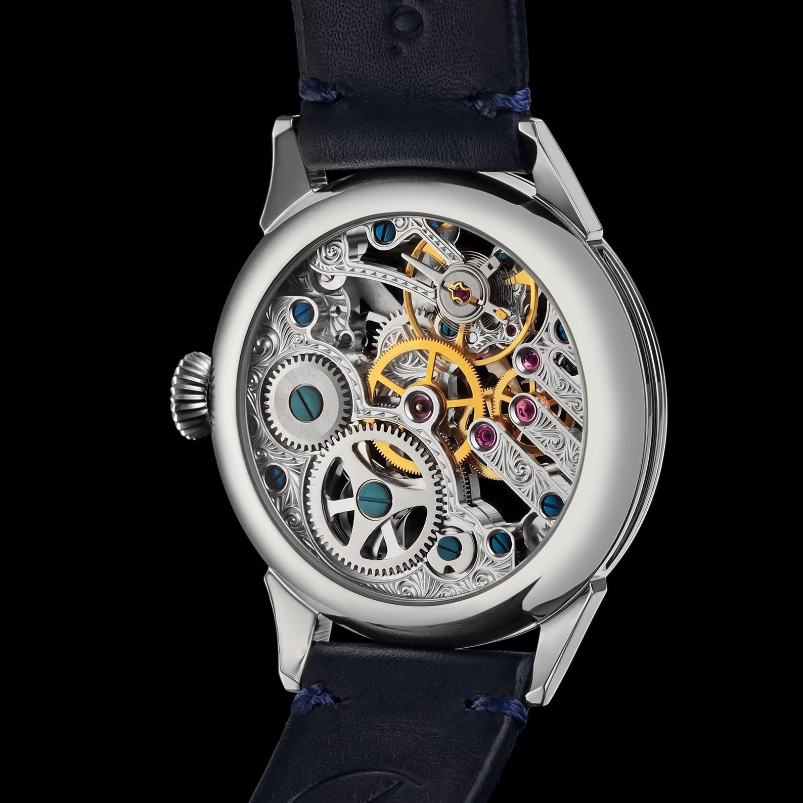 Master Mason Blue Lodge Wristwatch - Silver Skeleton With Stones - Bricks Masons