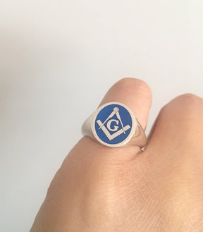 Master Mason Blue Lodge Ring - Sterling Silver & Blue Enamel - Bricks Masons