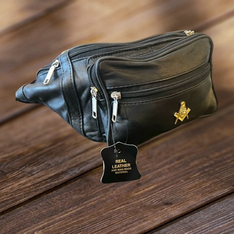 Master Mason Blue Lodge Waist Bag - Genuine Leather 24k Gold Clad Emblem - Bricks Masons
