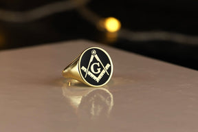Master Mason Blue Lodge Ring - Gold & Black Enamel Various Materials - Bricks Masons