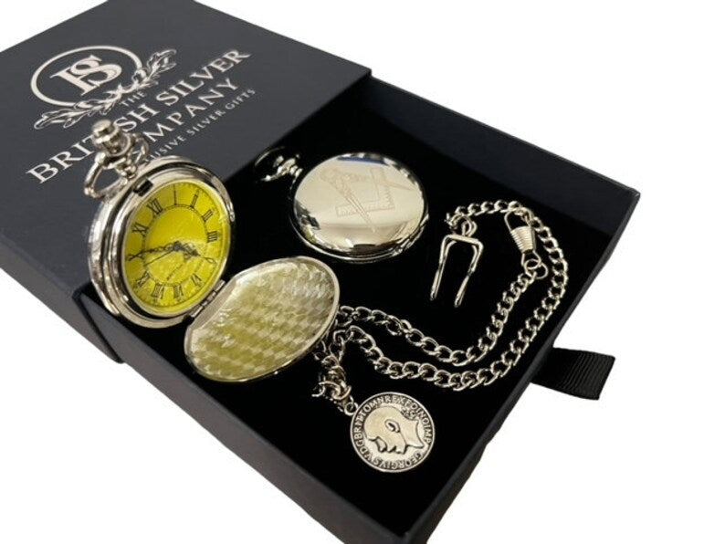 Master Mason Blue Lodge Pocket Watch - Custom Engraving Silver Chain - Bricks Masons