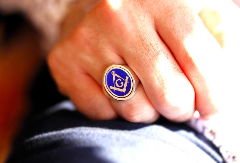 Master Mason Blue Lodge Ring - Solid Gold & Blue Enamel - Bricks Masons
