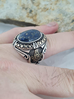 Master Mason Blue Lodge Ring - Handcrafted Sterling Silver Lapis Lazuli Stone - Bricks Masons