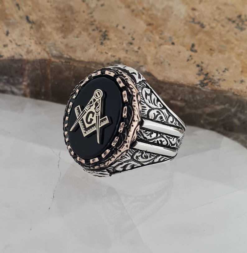 Master Mason Blue Lodge Ring - Handmade Sterling Silver Onyx Masonic - Bricks Masons