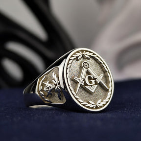 Master Mason Blue Lodge Ring - Engraved Square & Compass G Various Materials - Bricks Masons