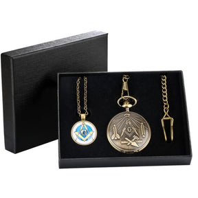 Master Mason Blue Lodge Pocket Watch - Antique Square & Compass G Quartz - Bricks Masons