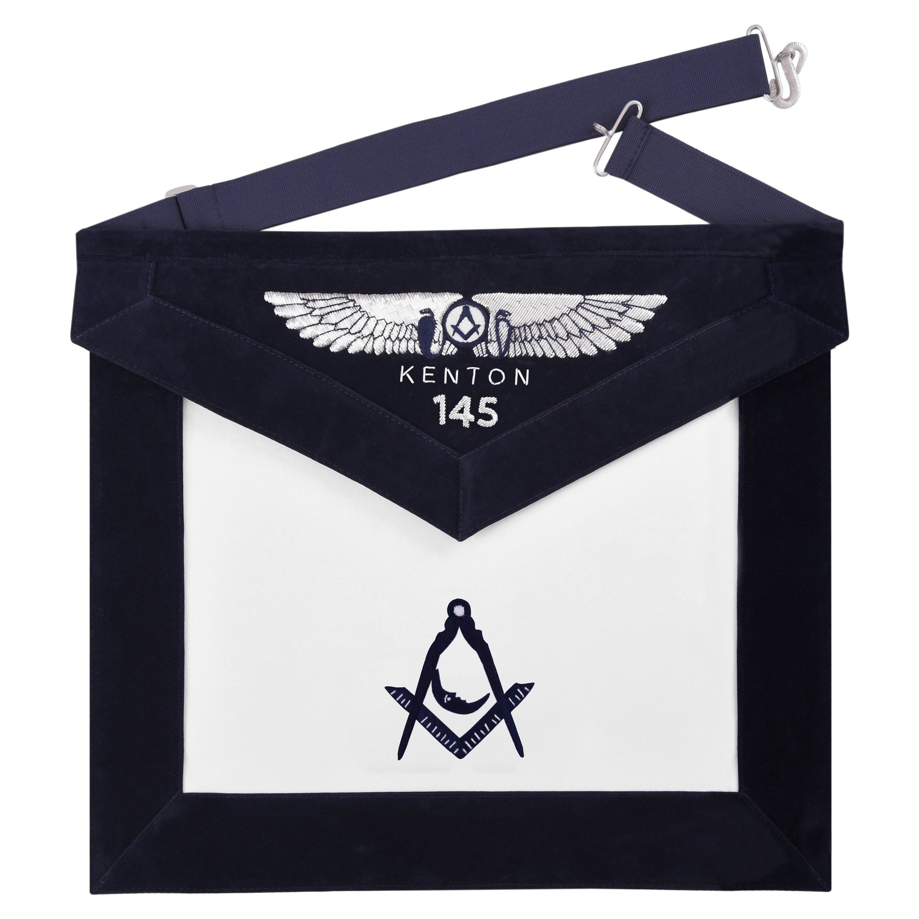 Junior Deacon Blue Lodge Officer Apron - Kenton Lodge Navy Velvet With Silver Embroidery Thread - Bricks Masons