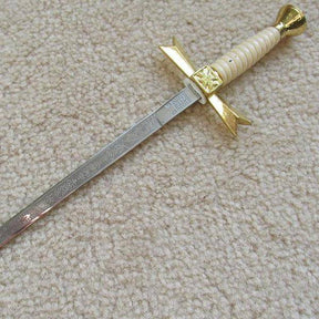 Knights Templar Dagger - Gold Sable Fornitura Knob Ceremony Sword Knife W/ Scabbard Stand 12" - Bricks Masons