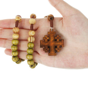Knights Templar Necklace - Wooden Rosary Beaded Jerusalem Cross - Bricks Masons