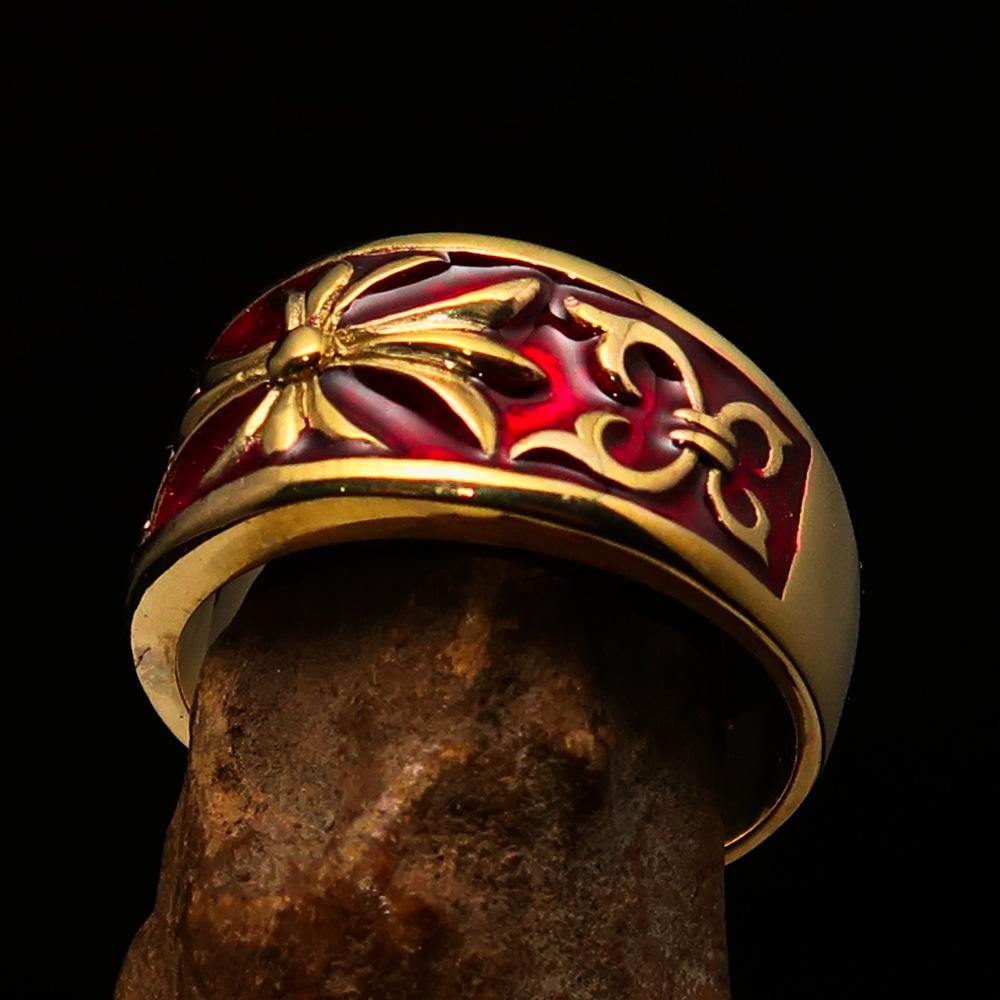 Knights Templar Ring - Gold & Red Brass Cross - Bricks Masons