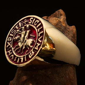 Knights Templar Ring - Gold & Red Sigillum MilItum XPISTI - Bricks Masons