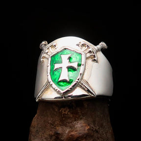 Knights Templar Ring - Green Templar Shield Cross Sterling Silver - Bricks Masons