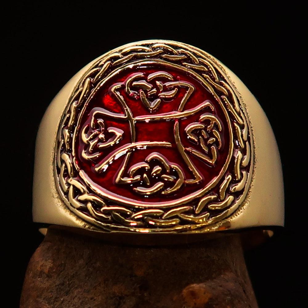 Knights Templar Ring - Red & Gold Cross Solid Brass - Bricks Masons