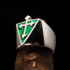 Knights Templar Ring - Silver & Green Cross Sterling Silver - Bricks Masons