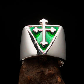 Knights Templar Ring - Silver & Green Cross Sterling Silver - Bricks Masons