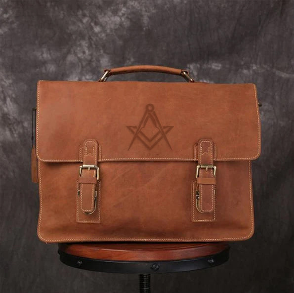 Master Mason Blue Lodge Briefcase - Handmade Leather - Bricks Masons