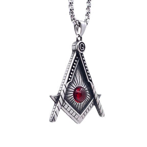 Master Mason Blue Lodge Pendant - Silver Titanium Steel Red Stone - Bricks Masons