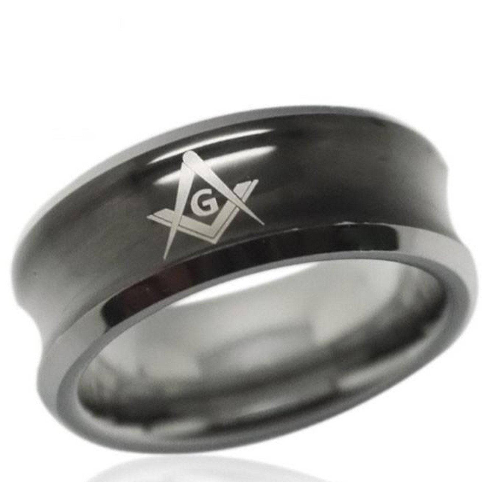 Master Mason Blue Lodge Ring - Black Concave Tungsten Personalizable - Bricks Masons