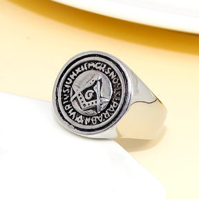 Master Mason Blue Lodge Ring - Silver Square & Compass G Retro Ring - Bricks Masons