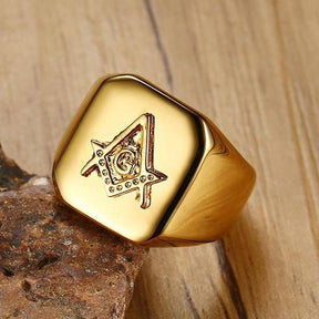 Master Mason Blue Lodge Ring - Square Compass G Gold Color - Bricks Masons
