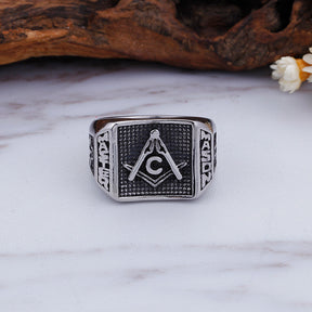 Master Mason Blue Lodge Ring - Stainless Steel Silver Mason Square & Compass G - Bricks Masons
