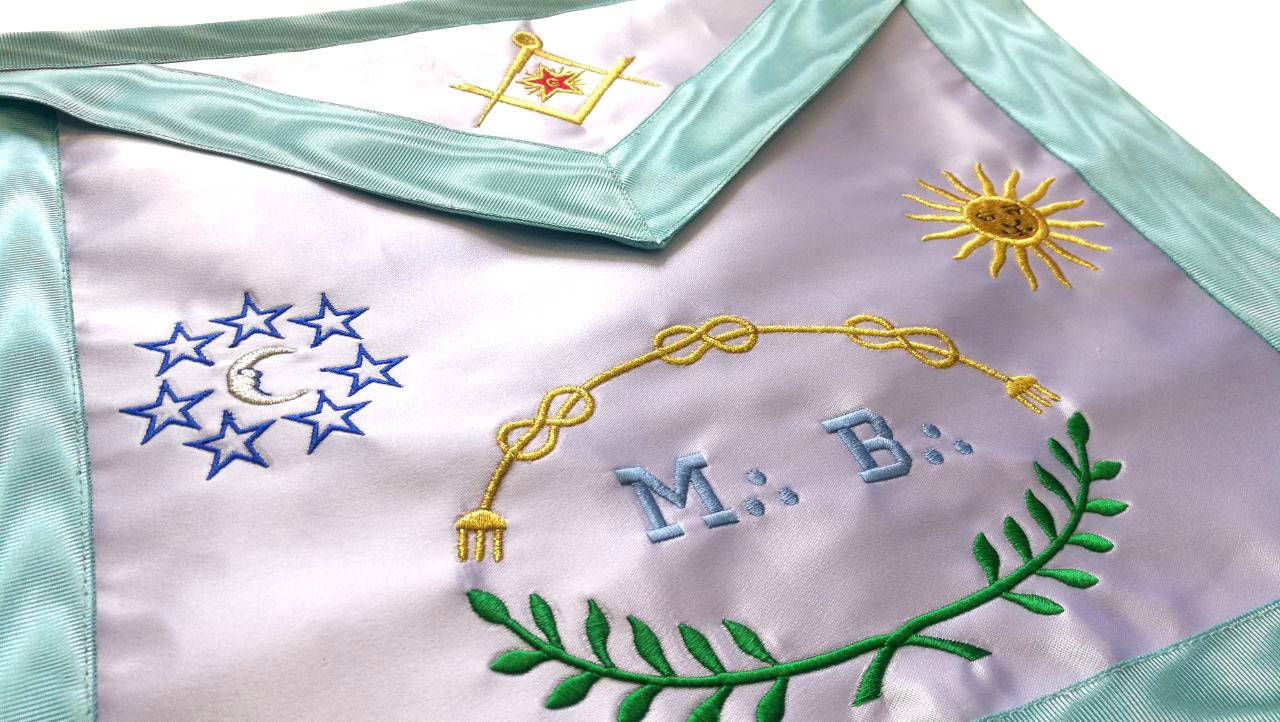 Master Mason French Rite Apron - Sky Blue Silk & Moire Moon & Sun - Bricks Masons