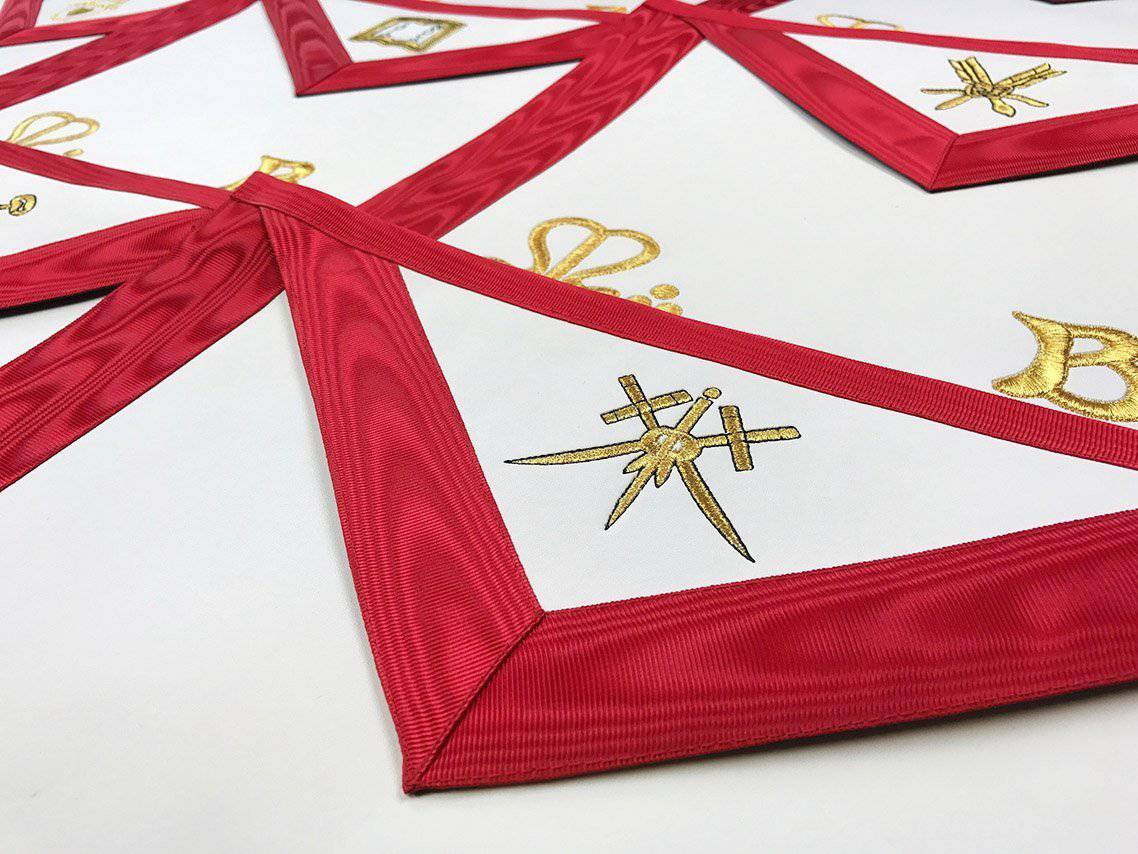 Officers Scottish Rite Officer Apron Set - Royal Red Moire Ribbon Machine Embroidery - Bricks Masons