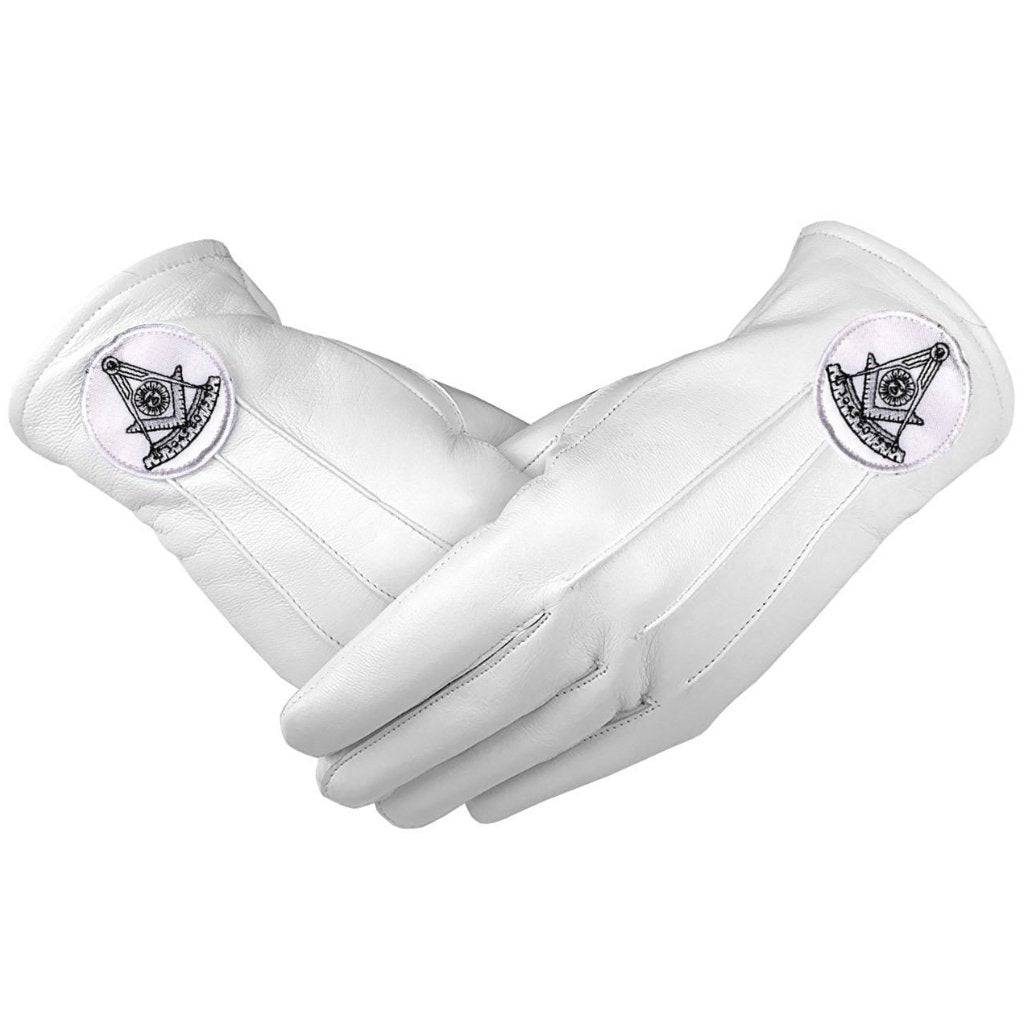 Past Master Blue Lodge Gloves - White Leather with Black Emblem - Bricks Masons