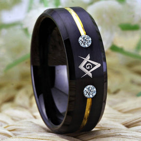 Master Mason Blue Lodge Ring - Square and Compass G Tungsten Black Personalizable