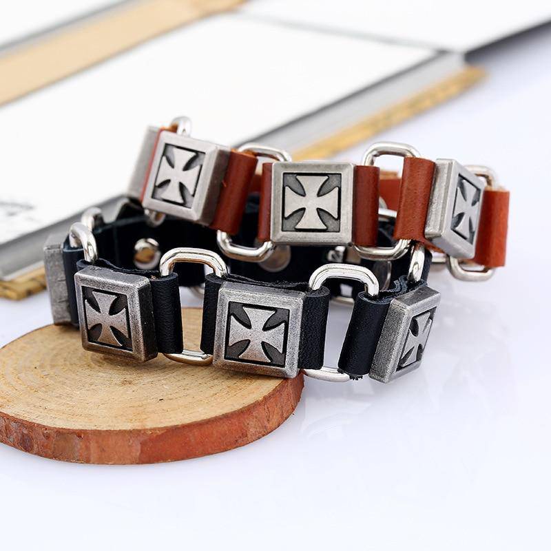 Knights Templar Commandery Bracelet - Cross Leather (Black/Brown)