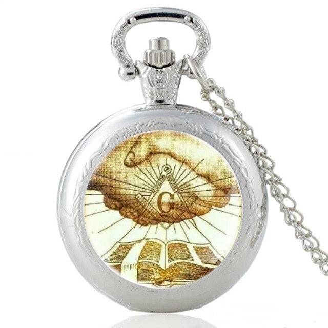 Master Mason Blue Lodge Pocket Watch - Compass and Square G Hand of Friendship