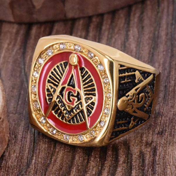 Master Mason Blue Lodge Ring - Golden Red Compass and Square G