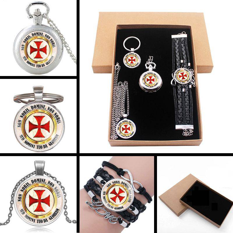 Knights Templar Commandery Pocket Watch - Cross Silver Jewelry Gift Set