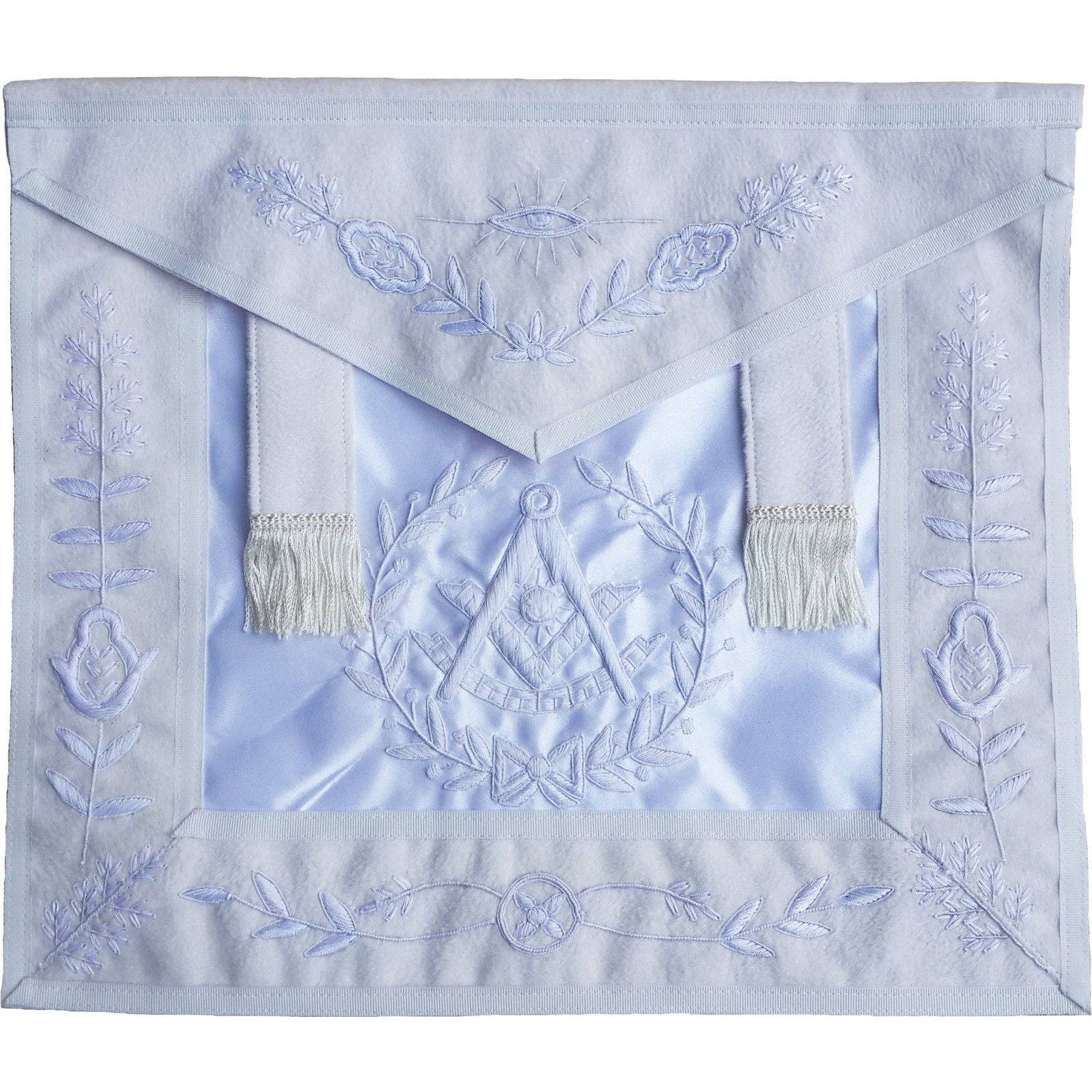 Past Master Blue Lodge Apron - All White with Side Tabs & Wreath