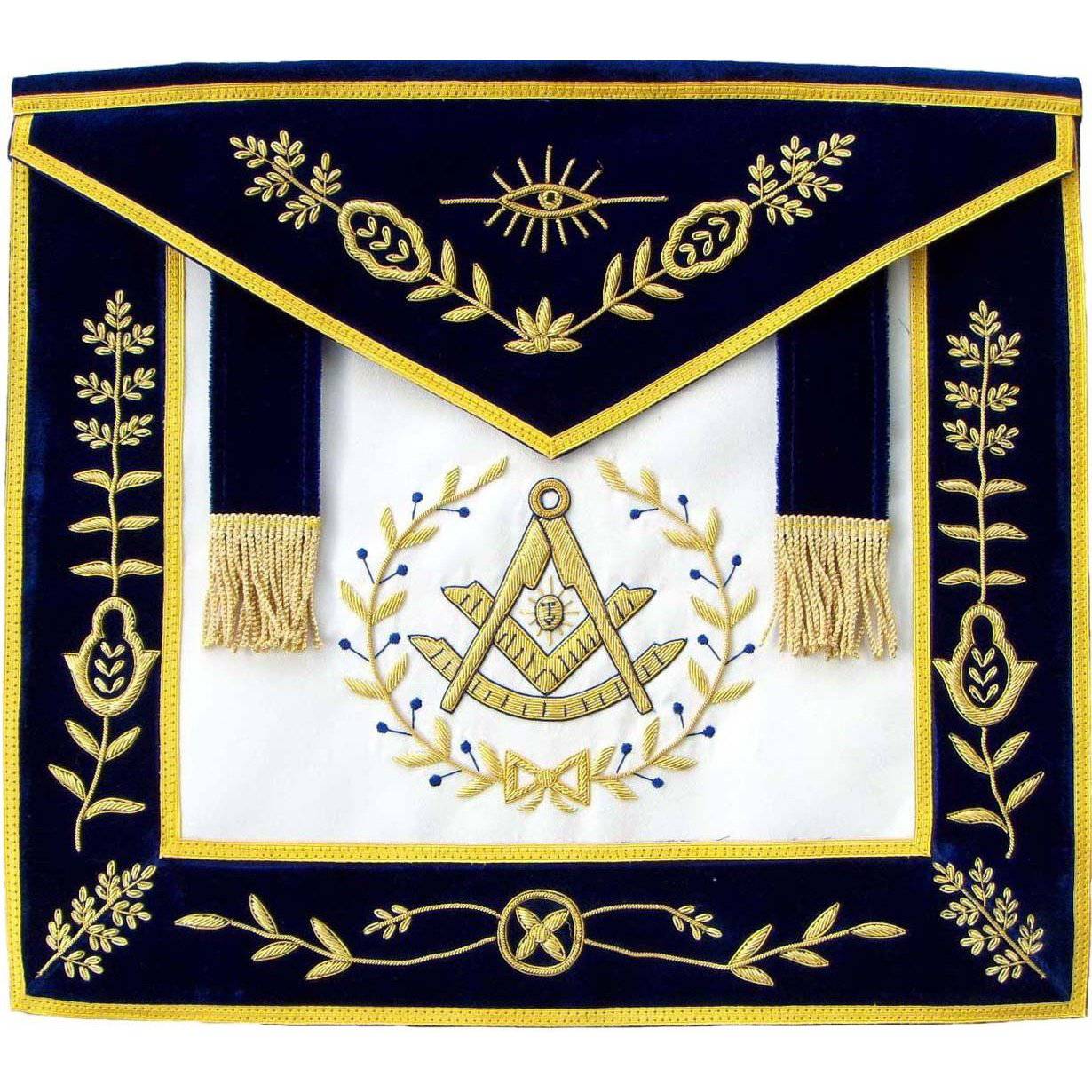 Past Master Blue Lodge Apron - Blue Velvet with Side Tabs & Gold Braid Hand Embroidery