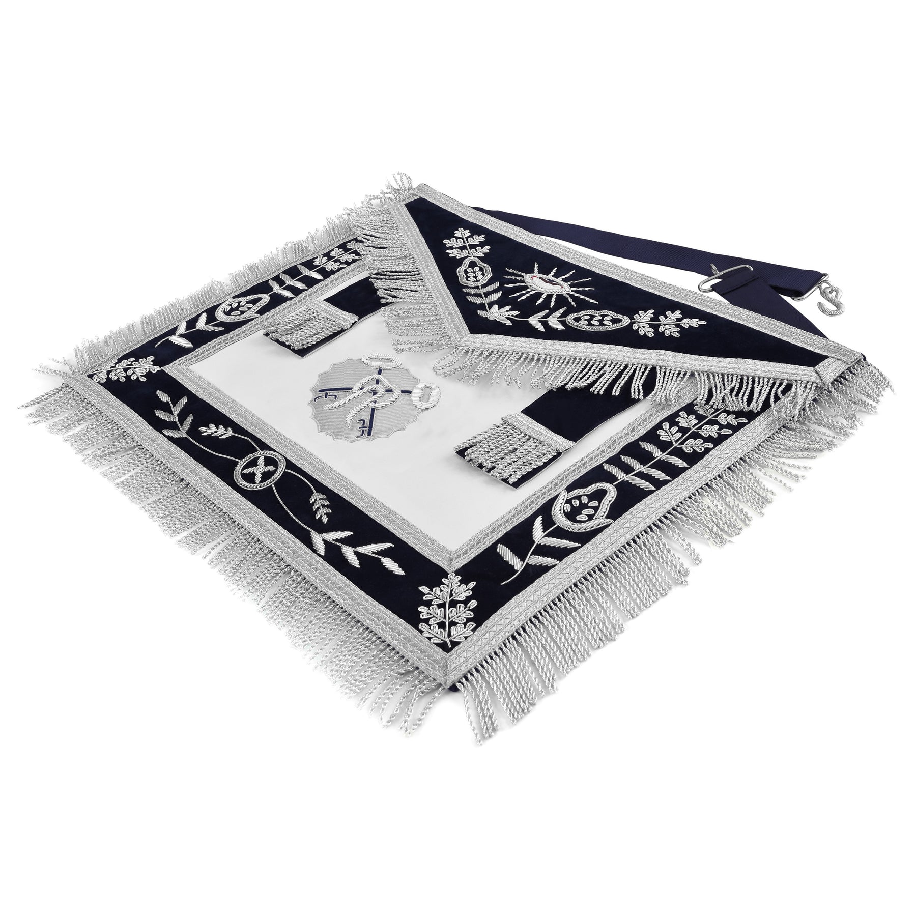 Treasurer Blue Lodge Officer Apron - Dark Blue With Silver Hand Embroidery Bullion - Bricks Masons