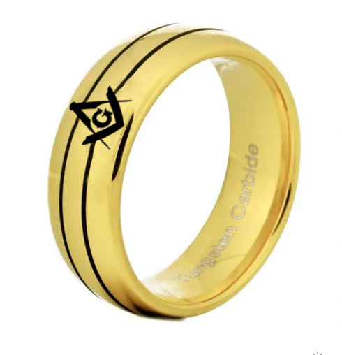 Master Mason Blue Lodge Ring - Gold Rounded Tungsten - Bricks Masons