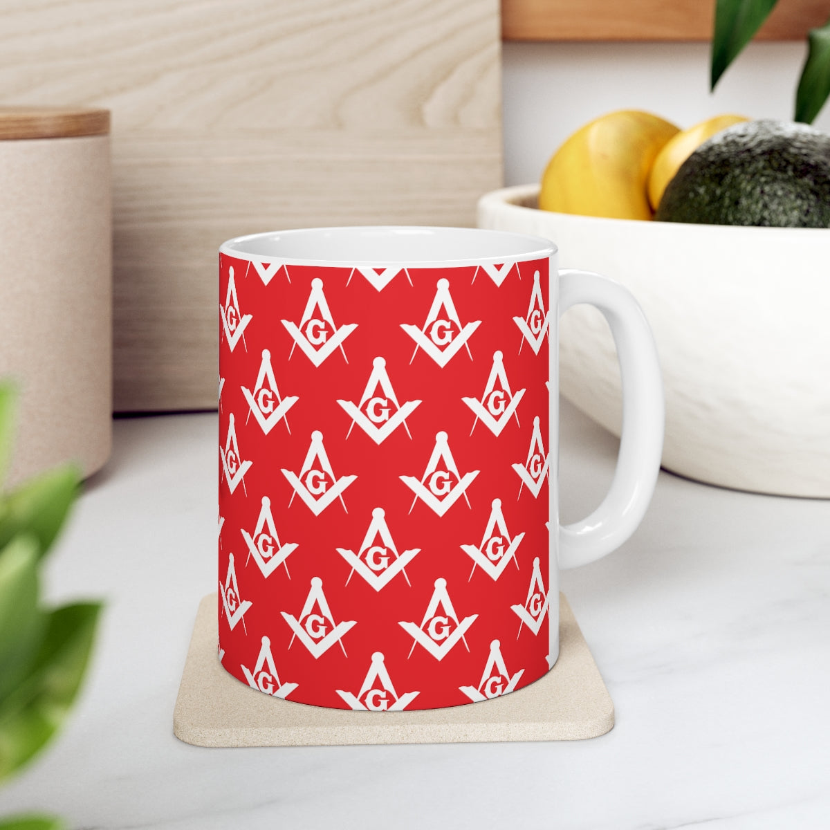 Master Mason Blue Lodge Mug - White and Red Ceramic for Christmas - Bricks Masons