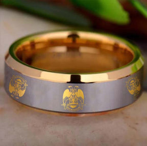32nd Degree Scottish Rite Ring - Wings Down Gold Beveled Tungsten - Bricks Masons