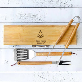 Past Master Blue Lodge Grill Tool - BBQ Set & Bamboo Case - Bricks Masons