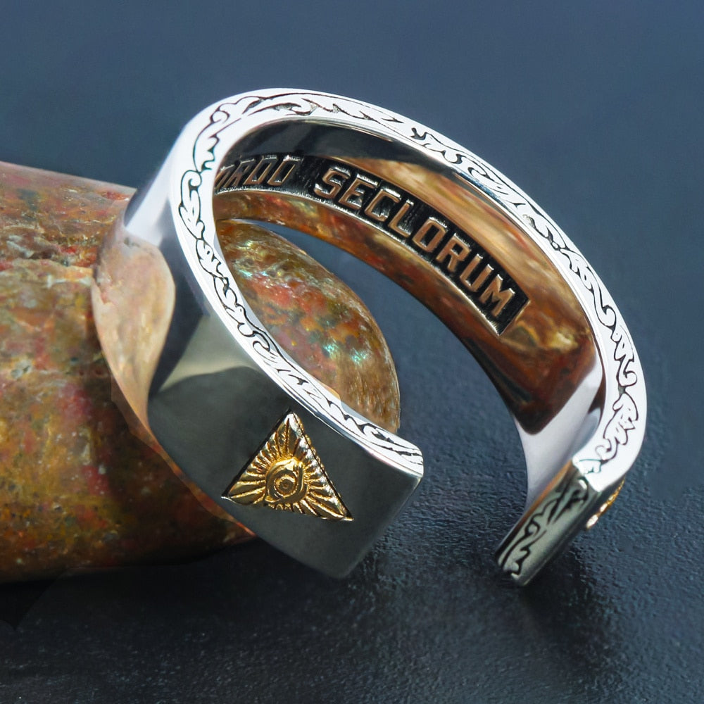 Eye Of Providence Ring - 925 Sterling Silver Novus Ordo Seclorum - Bricks Masons