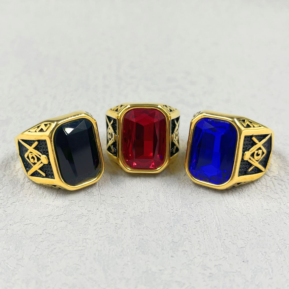 Master Mason Blue Lodge Ring - Stainless Steel With Various Stone Colors - Bricks Masons